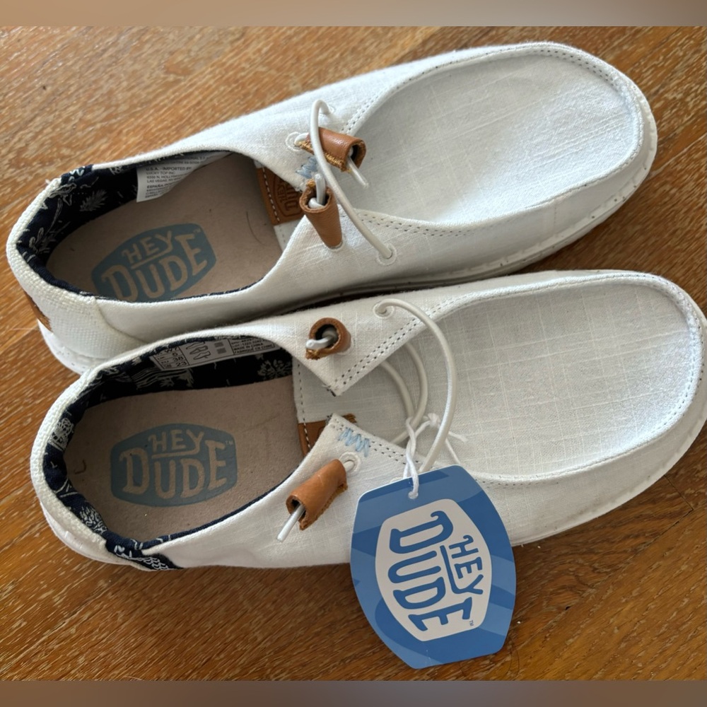 Hey Dude White Canvas Lightweight Sneakers with Tan Accents